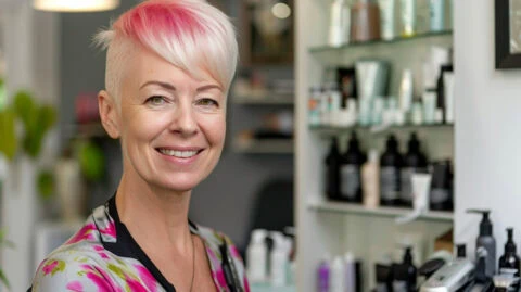 Cc4863 Middle Aged Hairdresser With A Short Platinum Blonde Kar Bda640b4 7d5e 44c0 967f 1f4b9626c2b0
