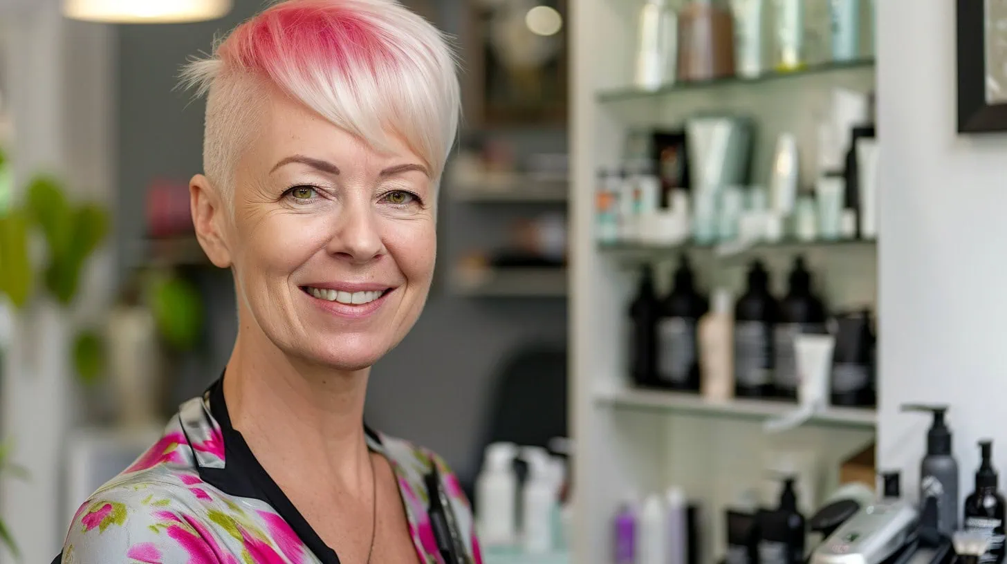 Cc4863 Middle Aged Hairdresser With A Short Platinum Blonde Kar Bda640b4 7d5e 44c0 967f 1f4b9626c2b0