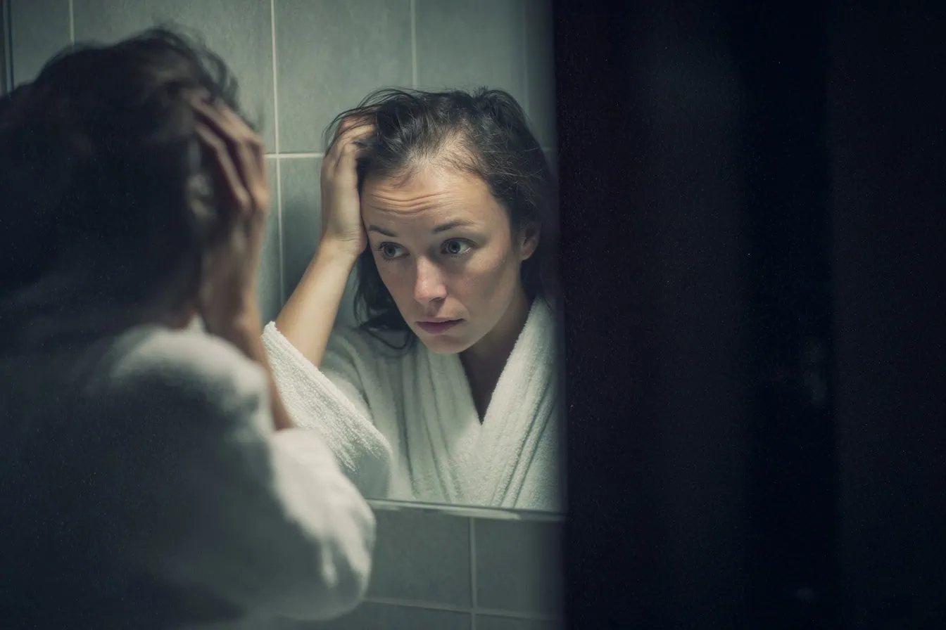 Cc4863 Woman Suffering From Hair Loss Looking Sadly Into The Ba Bbeef5df 9a87 4c1f Bbb9 17428deaba5e