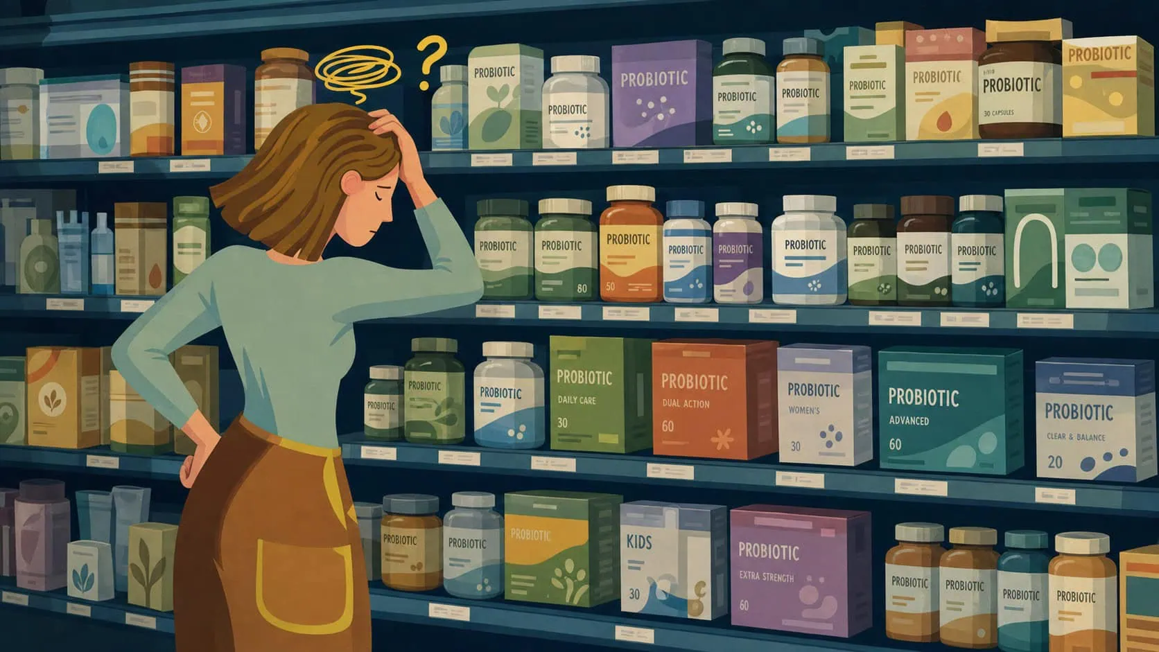 Confused Woman Probiotic Shelf