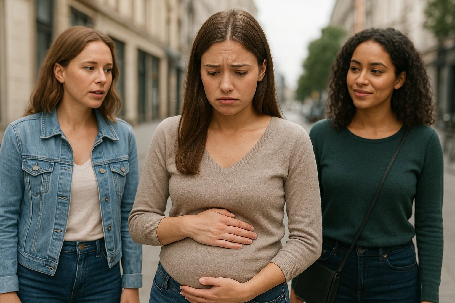 Friends On Street With Bloated Stomach