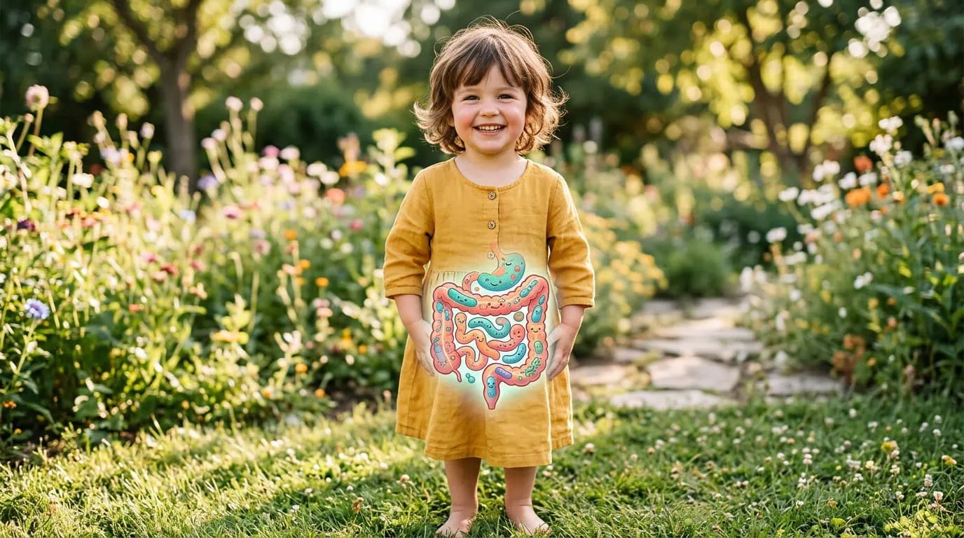 Happy Child In Garden With Digestive System Illustration