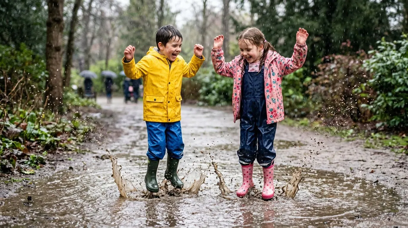 Kids Jumping In Rain Puddle Outdoors