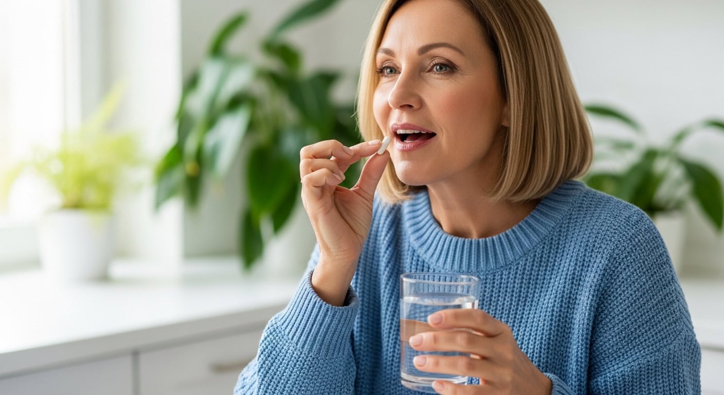 Middle Aged Woman Taking Probiotics