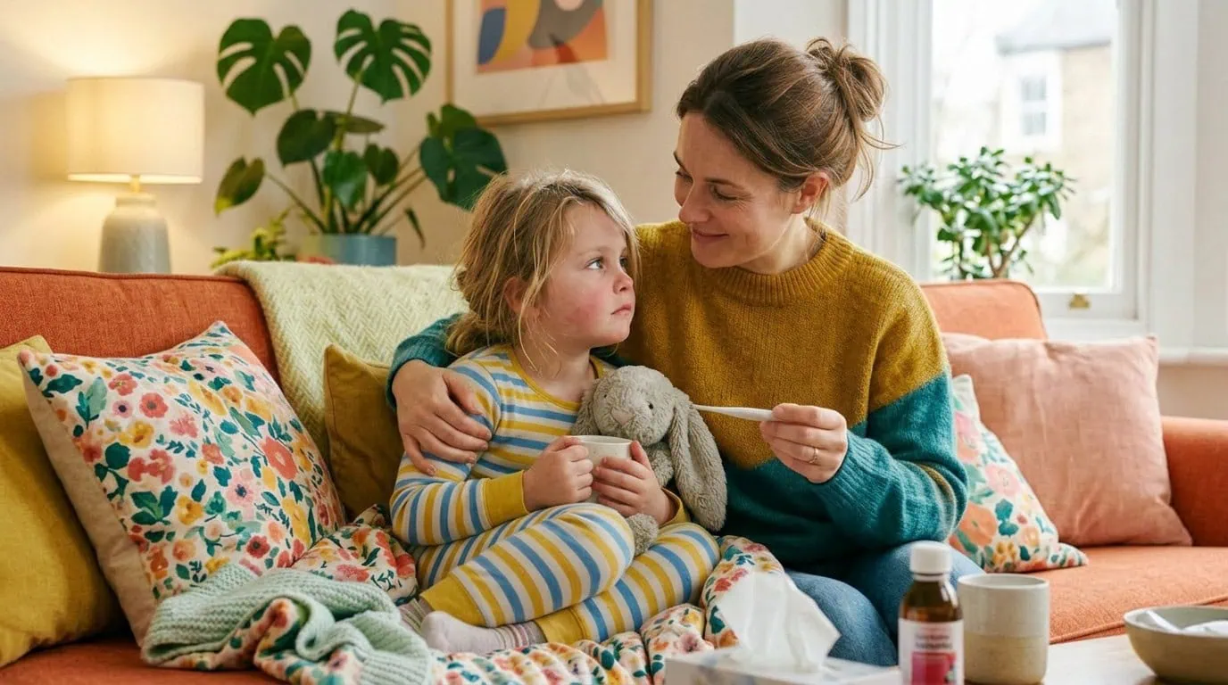 Mother Comforting Sick Child On Sofa With Thermometer