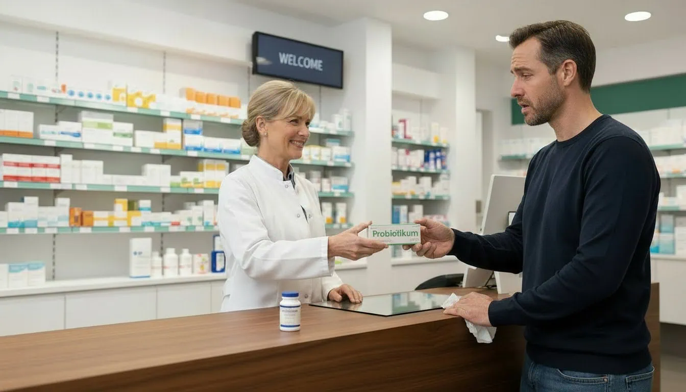 Pharmacist Handing Probiotic To Customer At Counter