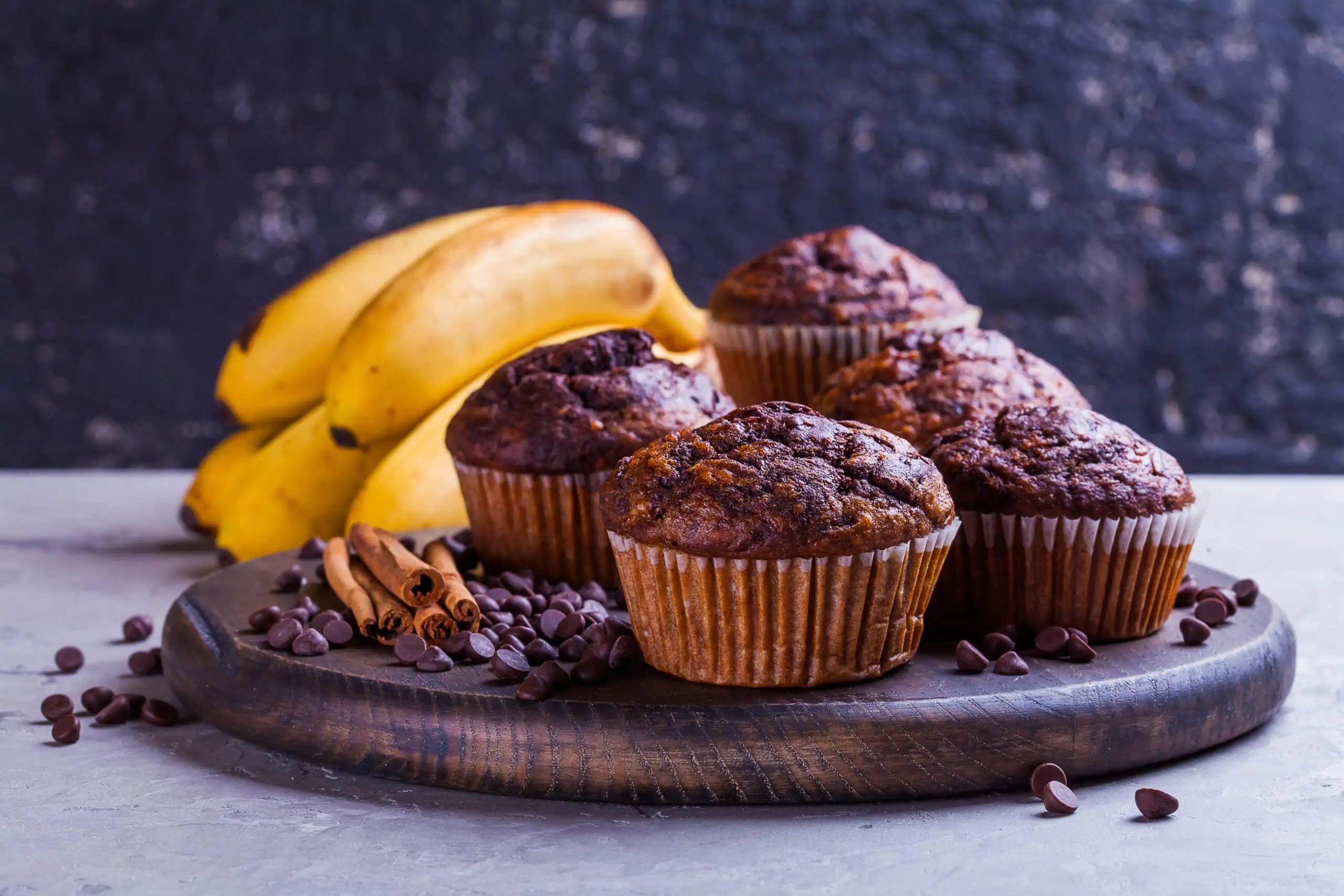 Two,colors,chocolate Banana,muffins,on,the,wooden,board.,copy,space