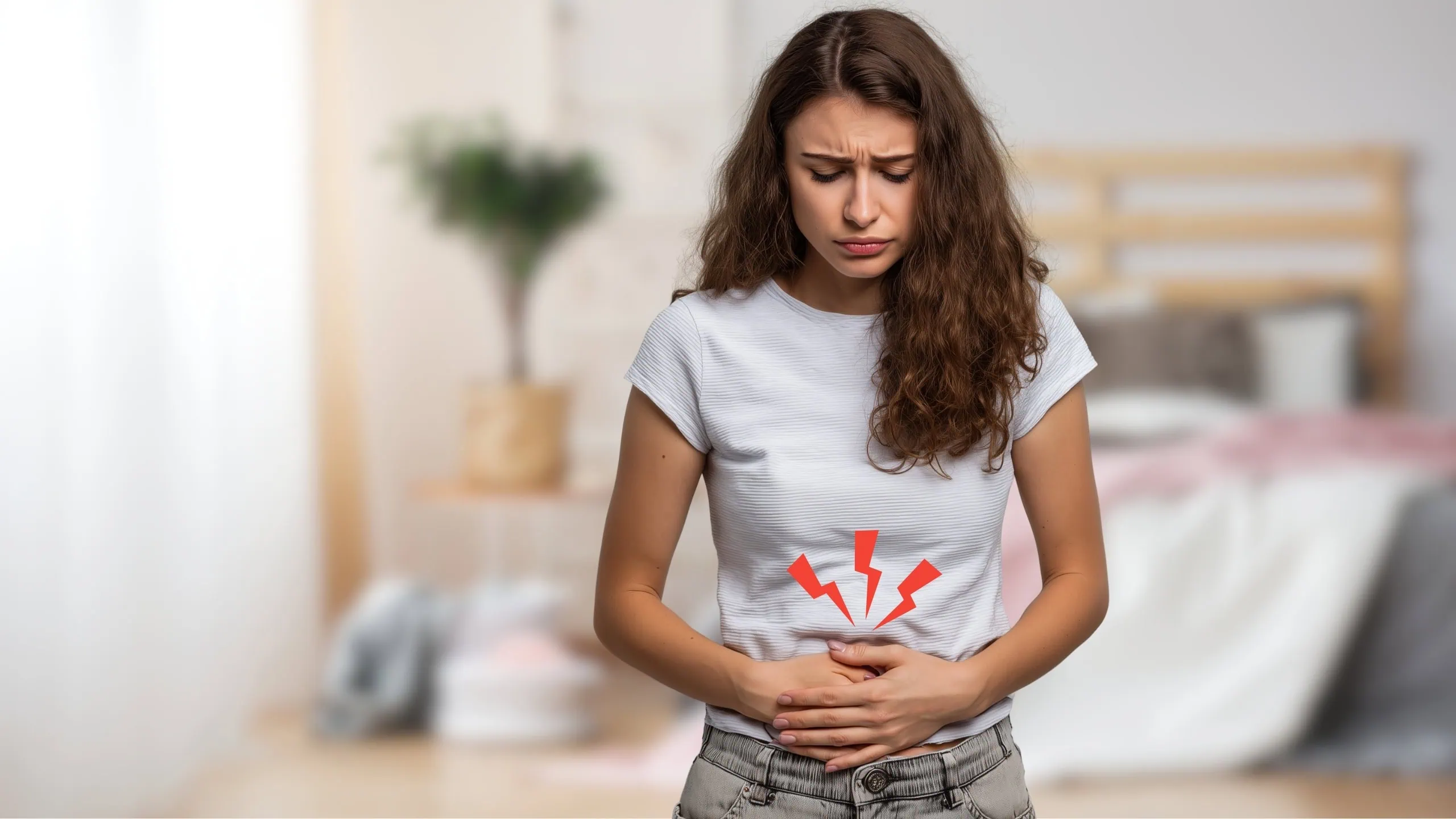Woman Abdominal Pain Bedroom Red Icons
