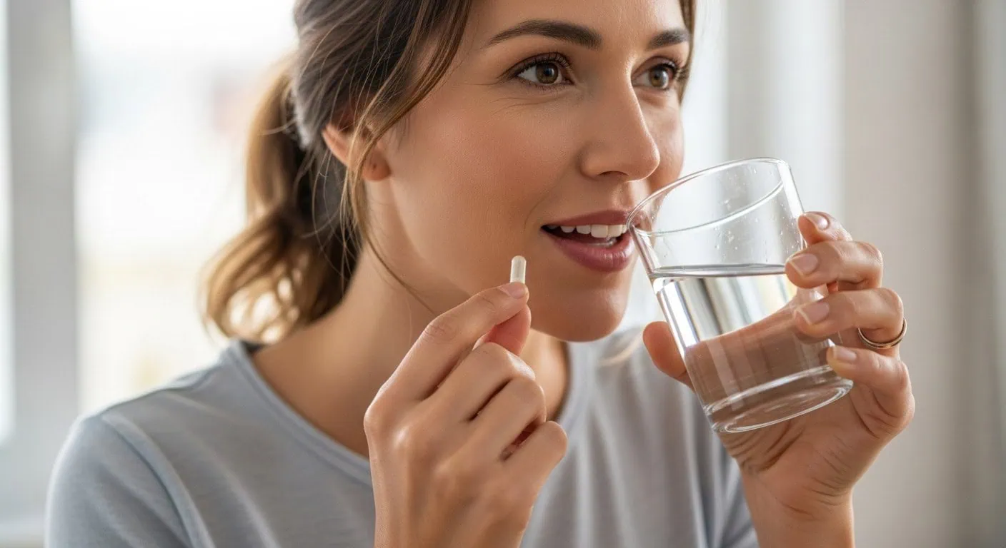 Woman Taking Probiotic Capsule With Water