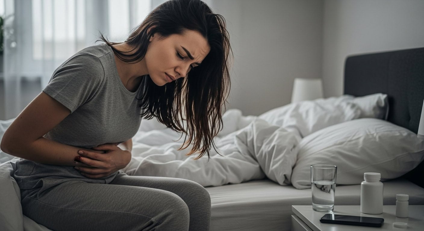 Woman With Stomach Pain In Bedroom